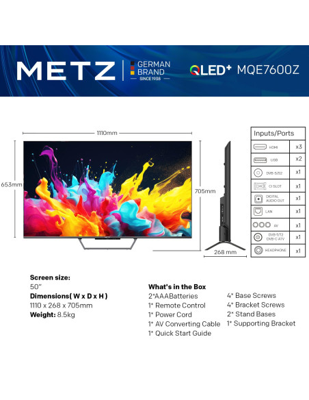 Телевизор METZ 50MQE7600Z, 50-quot,(126 см), QLED+,Anti-Glare Google TV, 4K/UHD, 60Hz