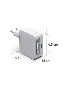 HAMA Бързо зарядно, 65 W, GaN, 2x USB-C, с разтегателен кабел 0.7м, бял 2