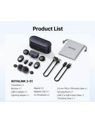 Безжична система микрофони BOYA BOYALINK 3-01 with lightning+USB-C +3.5mm TRS plug